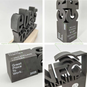 3D Druck Aufsteller - Ansicht möglicher Rillen- und Wolkenbildung, Lufteinschlüsse - Made by ebets - awards.at