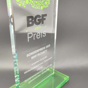 Trophy Champion Glasaward mit Gravur und Druck - Detailansicht - Made by ebets