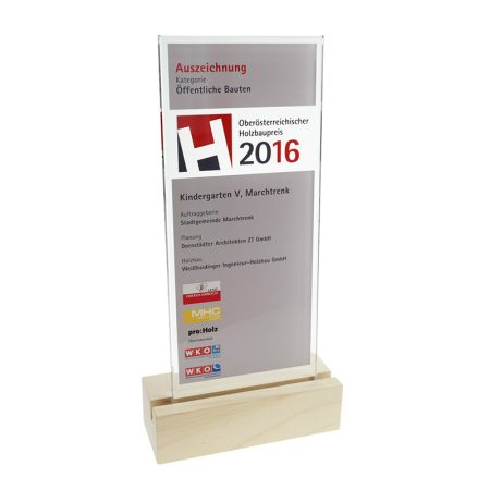 Glas Award bedruckt mit Holzsockel