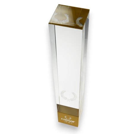 Glas Award mit 3D-Gravur und graviertem Metallsockel