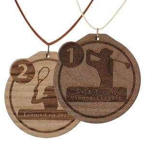 Holz Medaille Zeitgeist mit Leinenkordel oder Lederkordel und graviertem Emblem - Made by ebets - awards.at